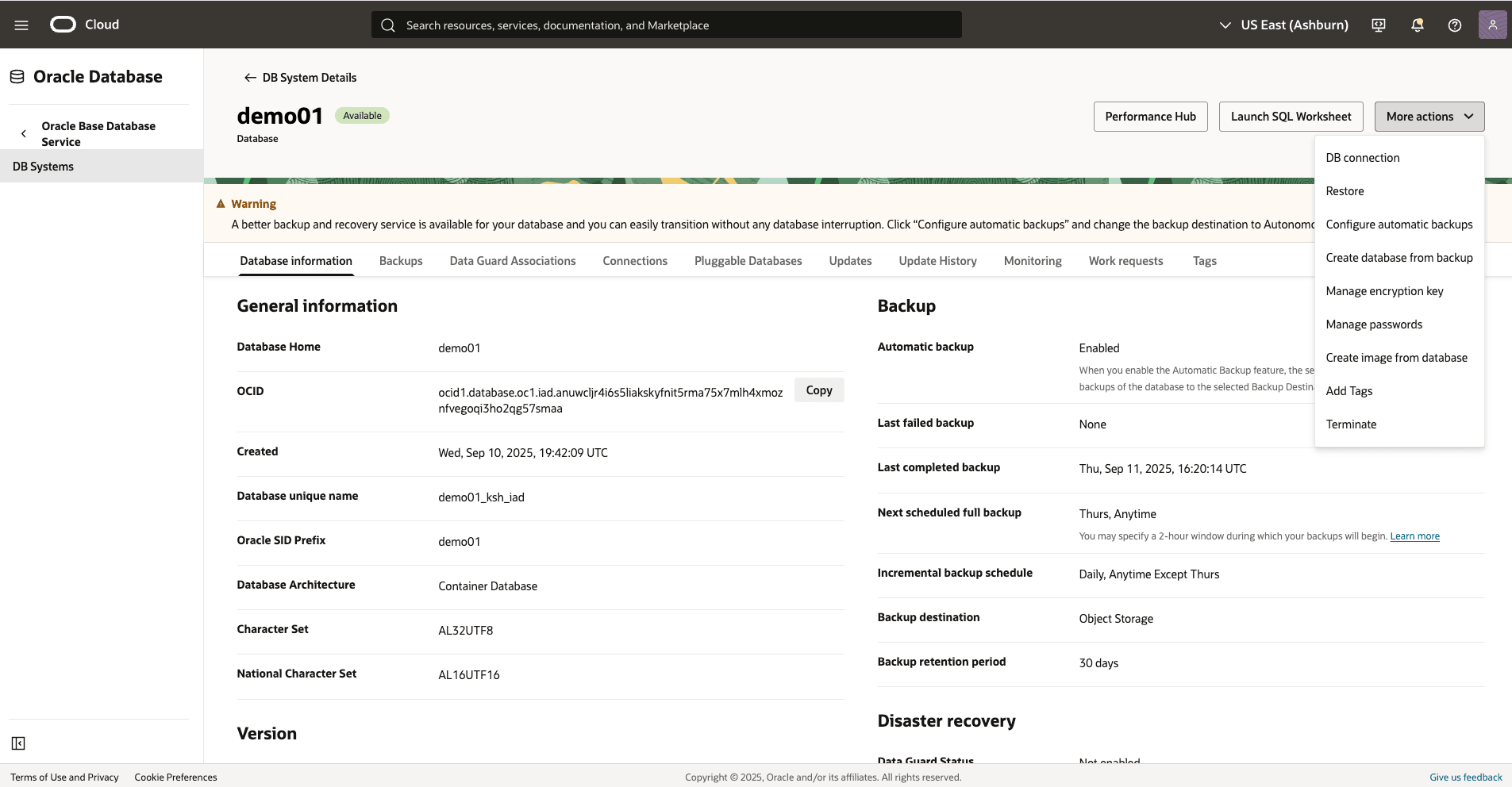 Capture d'écran du processus de restauration de Base Database.