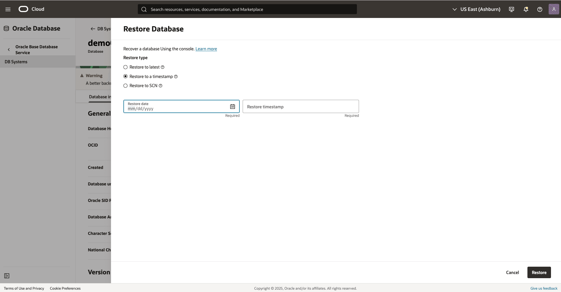 Capture d'écran du processus de restauration de Base Database.