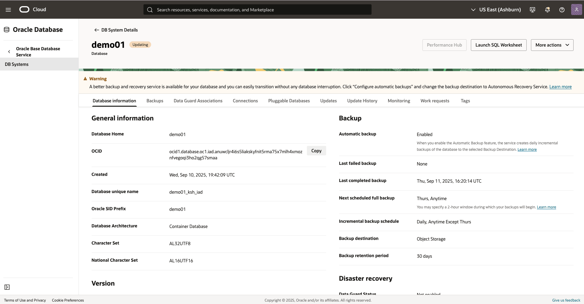 Capture d'écran du processus de restauration de Base Database.