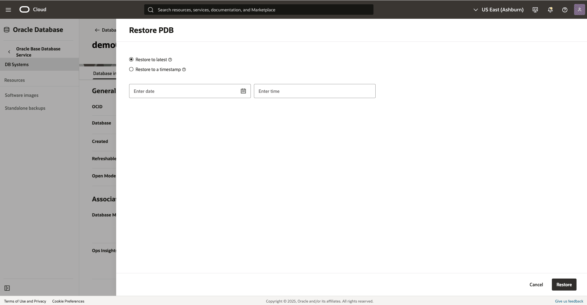 Capture d'écran du processus de restauration de Base Database.