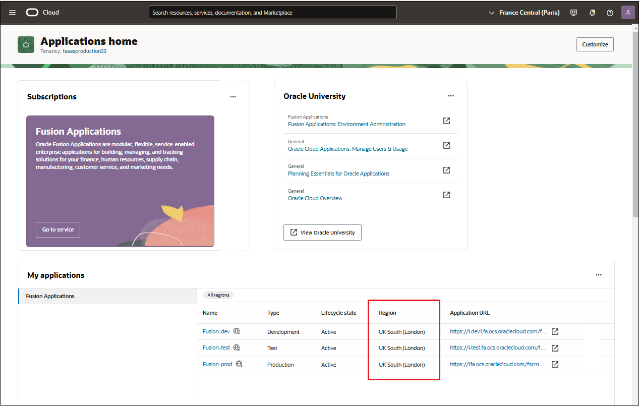 Capture d'écran présentant les régions des environnements Fusion Applications dans la console Oracle Cloud