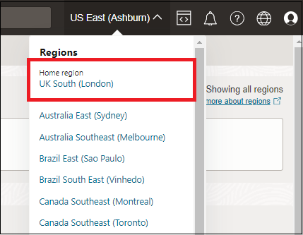 Région d'accueil affichée dans la liste des régions de console