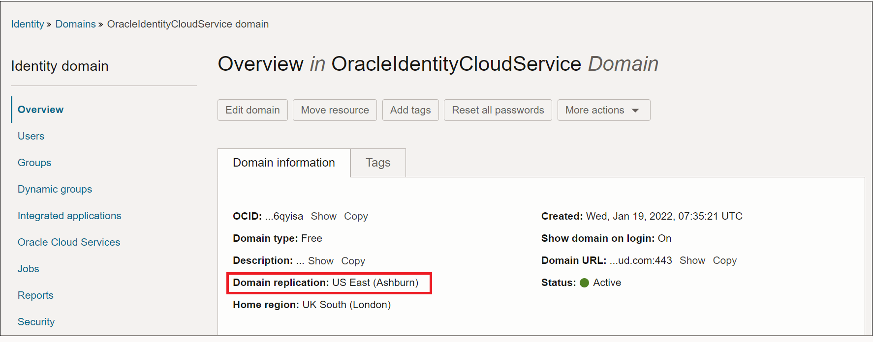 Page Domain Overview avec mise en surbrillance du champ Domain replication