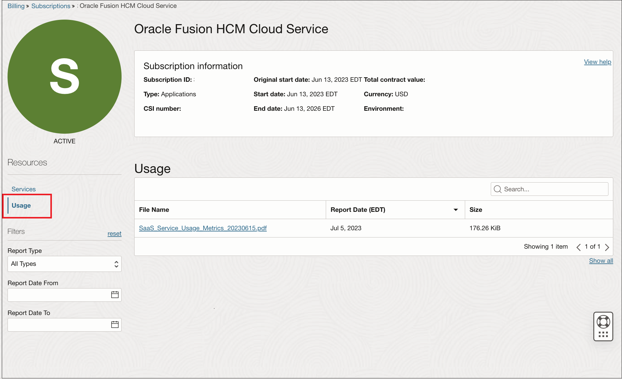 Page de détails d'abonnement mettant en évidence les rapports d'utilisation