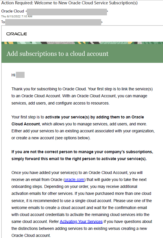 Courriel de bienvenue pour l'abonnement à Oracle Fusion Data Intelligence Courriel de bienvenue pour l'abonnement à Oracle Fusion Data Intelligence