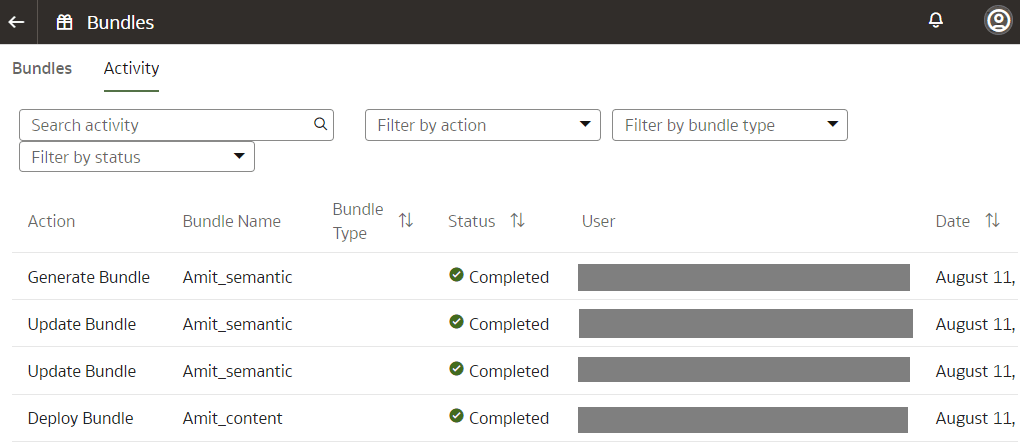 Onglet Activité de la page Bundles