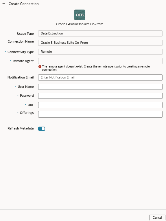 Boîte de dialogue Créer une connexion pour Oracle E-Business Suite sur site