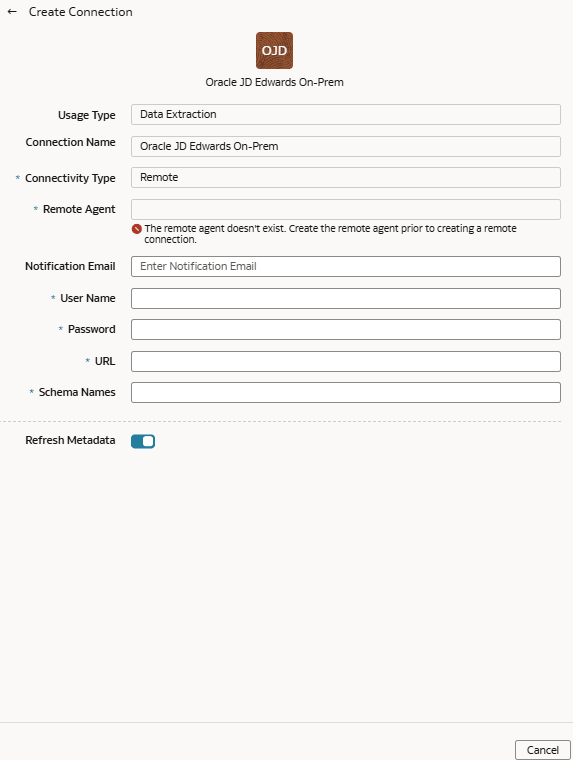 Créer une connexion pour Oracle JD Edwards sur site