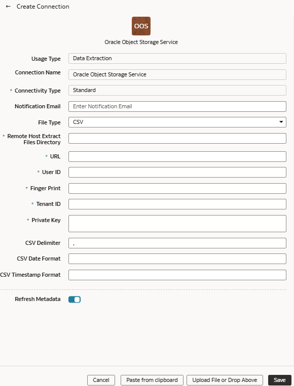 Boîte de dialogue Créer une connexion pour Oracle Object Storage Service