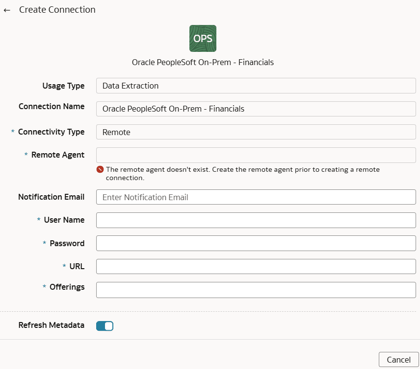 Boîte de dialogue Créer une connexion pour Oracle PeopleSoft sur site - Financials