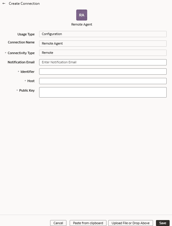 Boîte de dialogue Create Connection Remote Agent