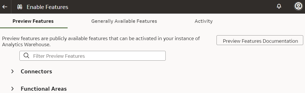 Activer la page Fonctionnalités affichant les fonctions disponibles pour aperçu.