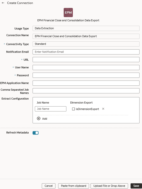 Boîte de dialogue EPM Financial Close and Consolidation Data Export Create Connection Boîte de dialogue EPM Financial Close and Consolidation Data Export Create Connection