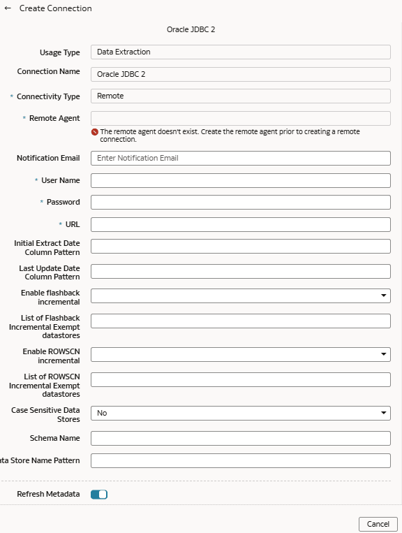 Création d'une connexion pour Oracle JDBC