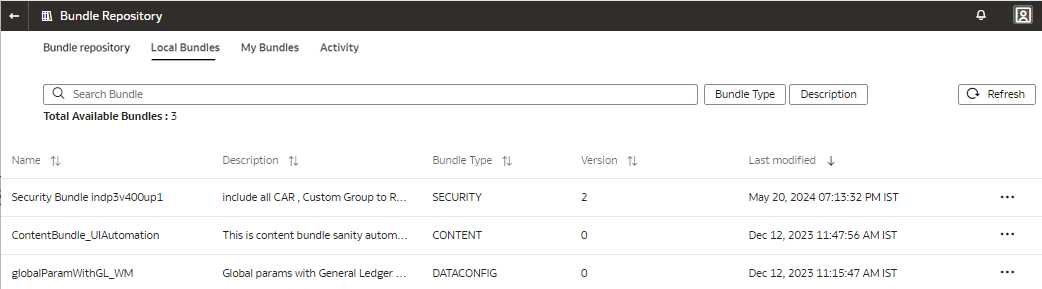 Onglet Bundles locaux affichant les bundles importés dans votre instance