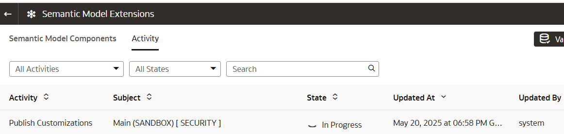 Page Extensions de modèle sémantique affichant l'avancement de l'activité Publier les personnalisations
