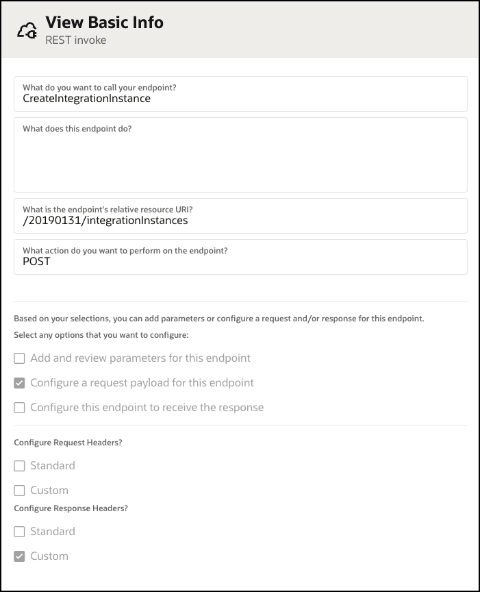 Appel REST avec CreateIntegrationInstance comme adresse et POST comme action. L'URI de l'adresse est également affiché, mais n'est pas pertinent pour l'exemple.