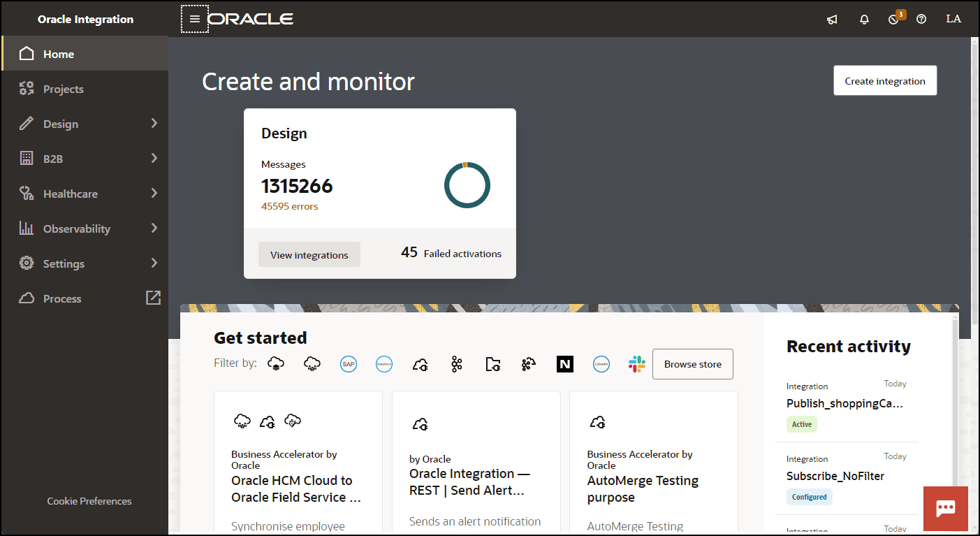 Capture d'écran d'Oracle Integration 3, avec le texte "Créer et surveiller" en haut du volet de droite