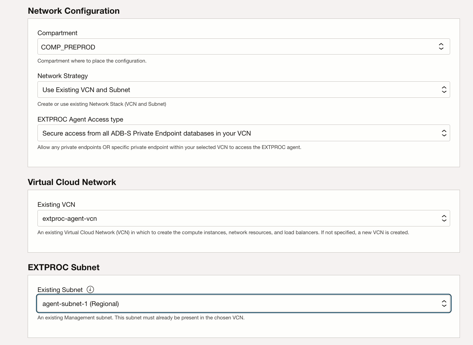 Description de adbs_extproc_network_configuration_existing_vcn.png