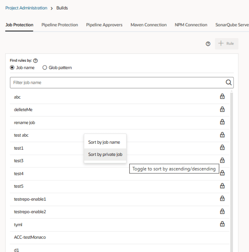 Options de tri des pages de protection des emplois
