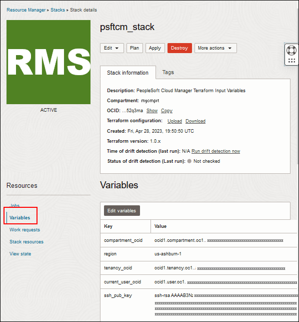 Page Détails de la pile du gestionnaire de ressource