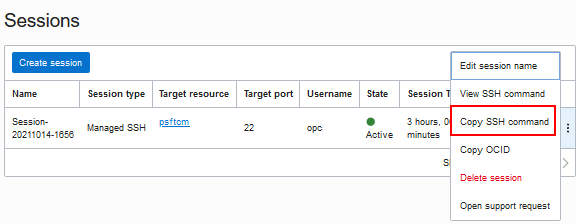 Copier la commande SSH pour la session SSH gérée