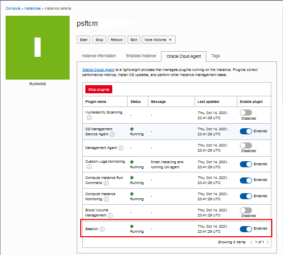 Page Détails de l'instance, onglet Agent Oracle Cloud