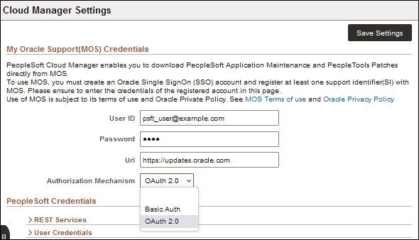 Page Paramètres du gestionnaire cloud, section Informations d'identification et de connexion à My Oracle Support (MOS)