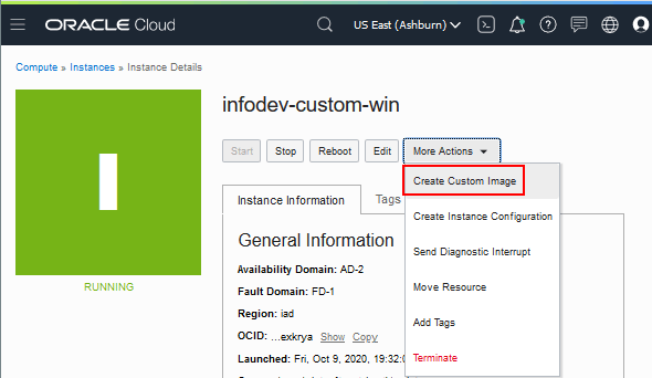 Détails de l'instance avec l'option de menu Créer une image personnalisée