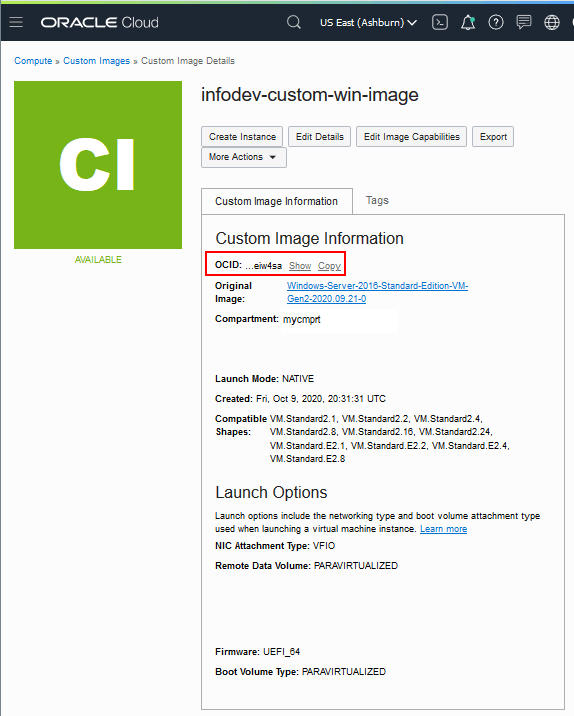 Page Détails de l'image personnalisée, copier l'OCID pour l'image personnalisée