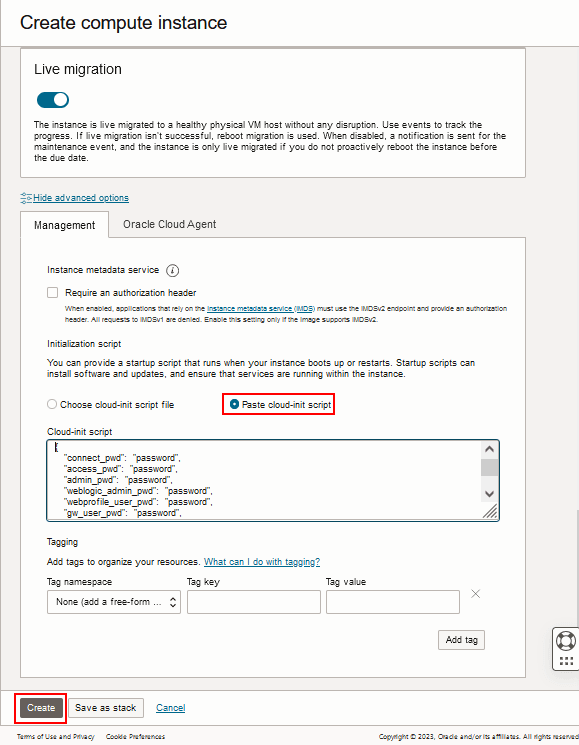 Page Créer une instance de calcul, cliquez sur Créer