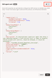 La boîte de dialogue Modifier la carte d'agent s'affiche. Les icônes de vue JSON et de formulaire sont mises en surbrillance. La vue JSON est sélectionnée.
