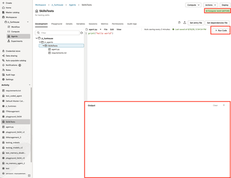 Onglet Agent Code Editor ouvert avec AI compute, bouton Play et cadre de test Output mis en évidence Onglet Agent Code Editor ouvert avec AI compute, bouton Play et cadre de test Output mis en évidence