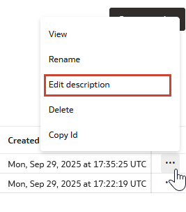 Menu Actions à trois points pour un catalogue ouvert avec l'option Modifier la description mise en évidence