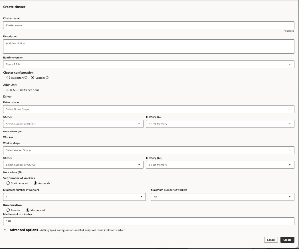 Boîte de dialogue Créer un cluster de calcul ouverte avec l'option radiale personnalisée sélectionnée