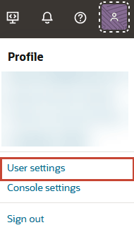 Page d'accueil OCI avec profil utilisateur ouvert et paramètres utilisateur mis en évidence