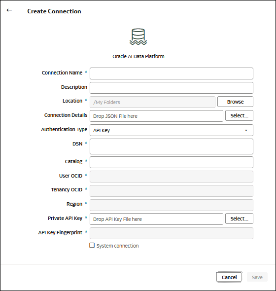 Créer une connexion pour Oracle AI Data Platform ouverte avec les détails de connexion, le catalogue et la clé d'API privée mis en évidence