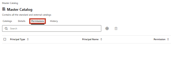 Page du catalogue principal avec onglet Permissions mis en évidence Page du catalogue principal avec onglet Permissions mis en évidence