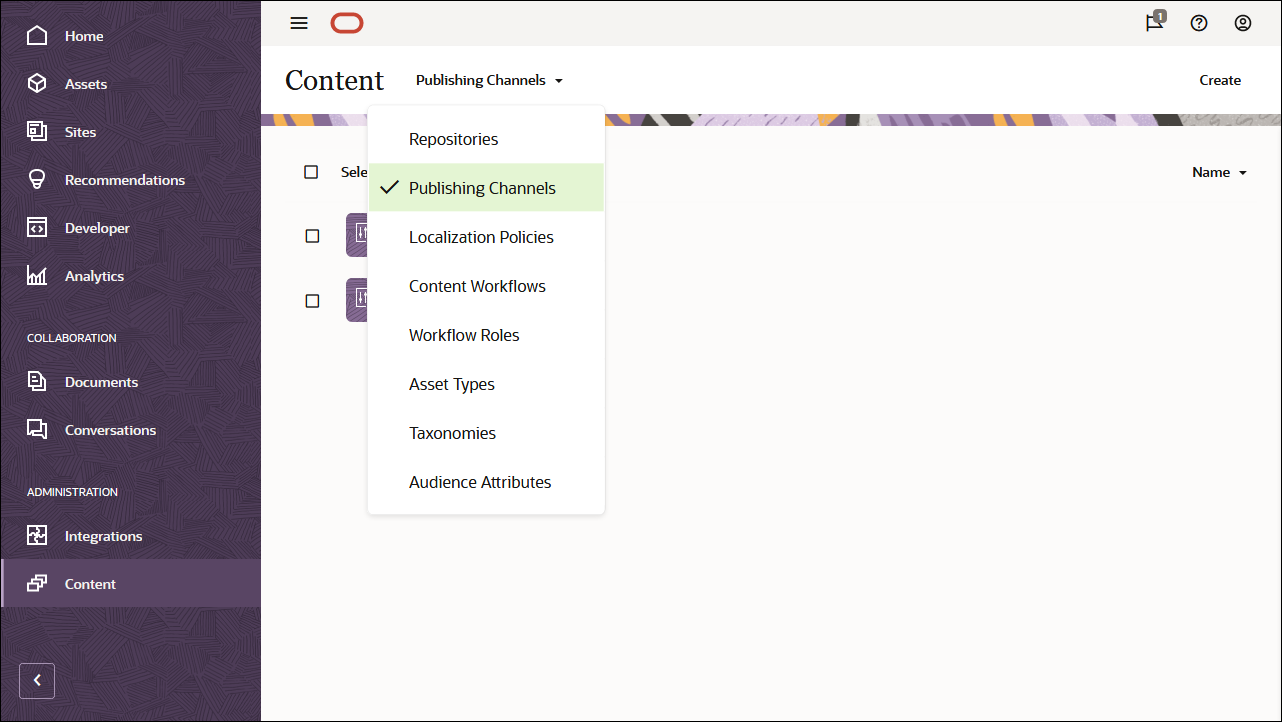 Cette image présente l'option Canaux de publication sélectionnée dans le menu déroulant de l'en-tête de page Contenu.