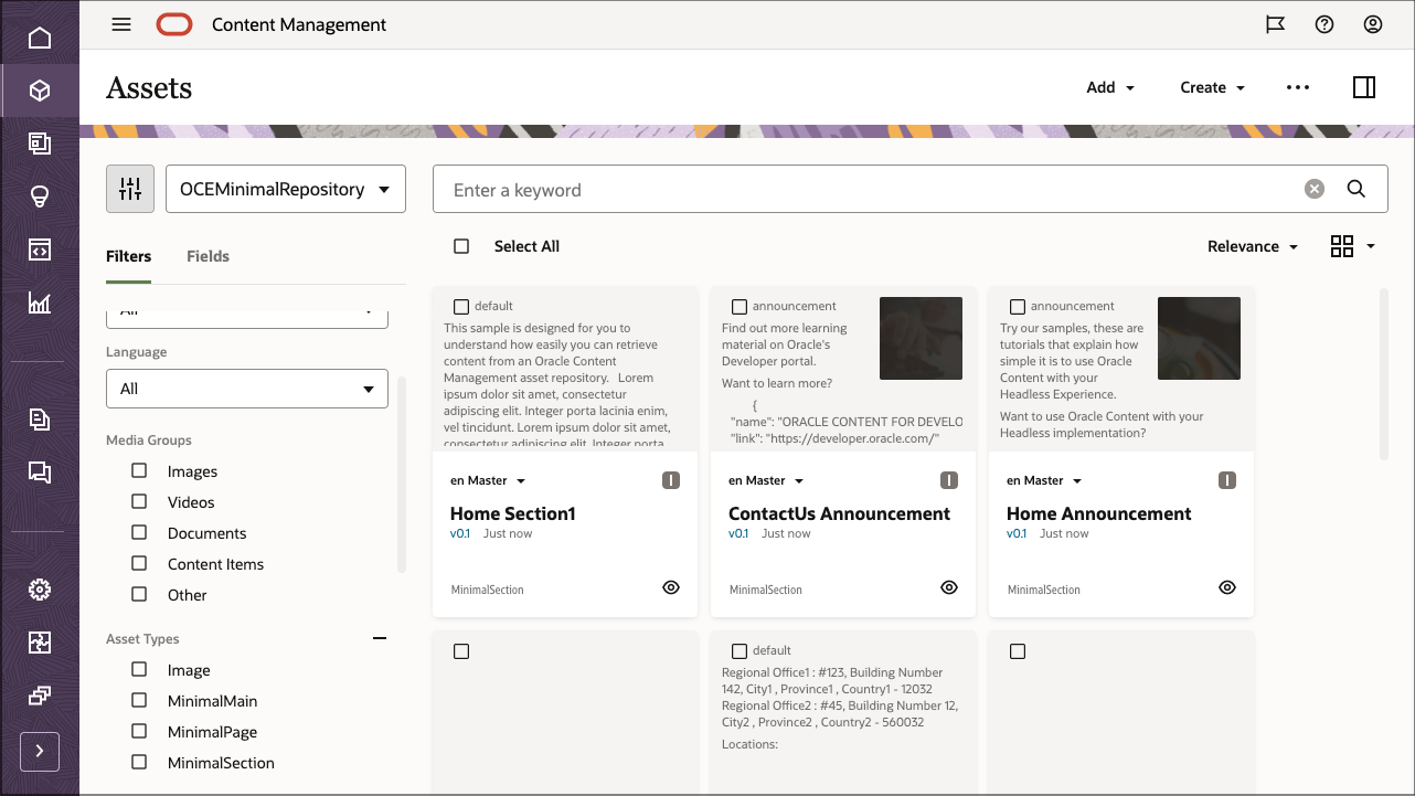 Cette image présente les éléments de contenu sur la page Ressources de l'interface Web d'Oracle Content Management, avec des options sur la gauche pour les collections, les canaux, les langues, les types, la sélection des éléments de contenu et le statut.