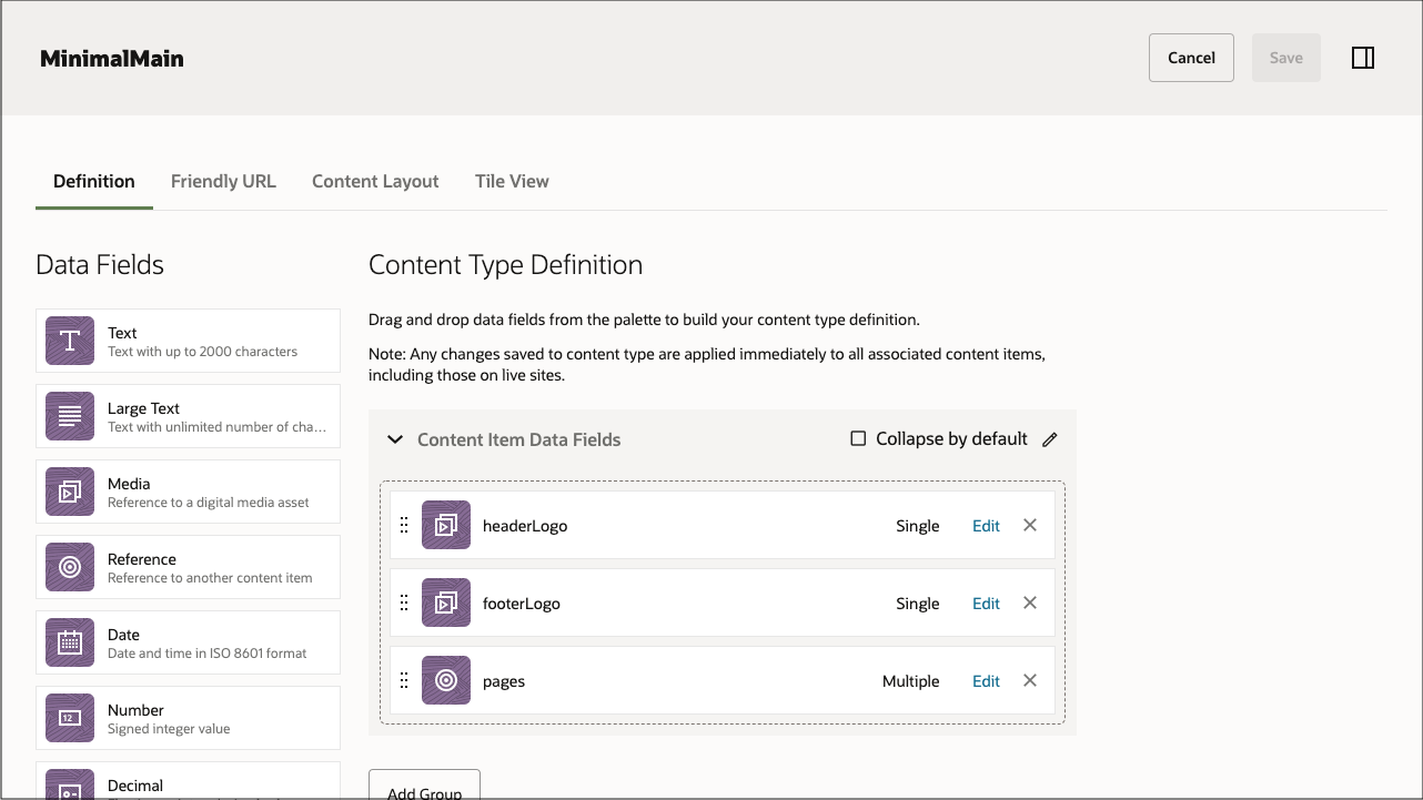 Cette image présente la définition du type de contenu 'MinimalMain'. Elle inclut les champs de données suivants : headerLogo, footerLogo, pages.
