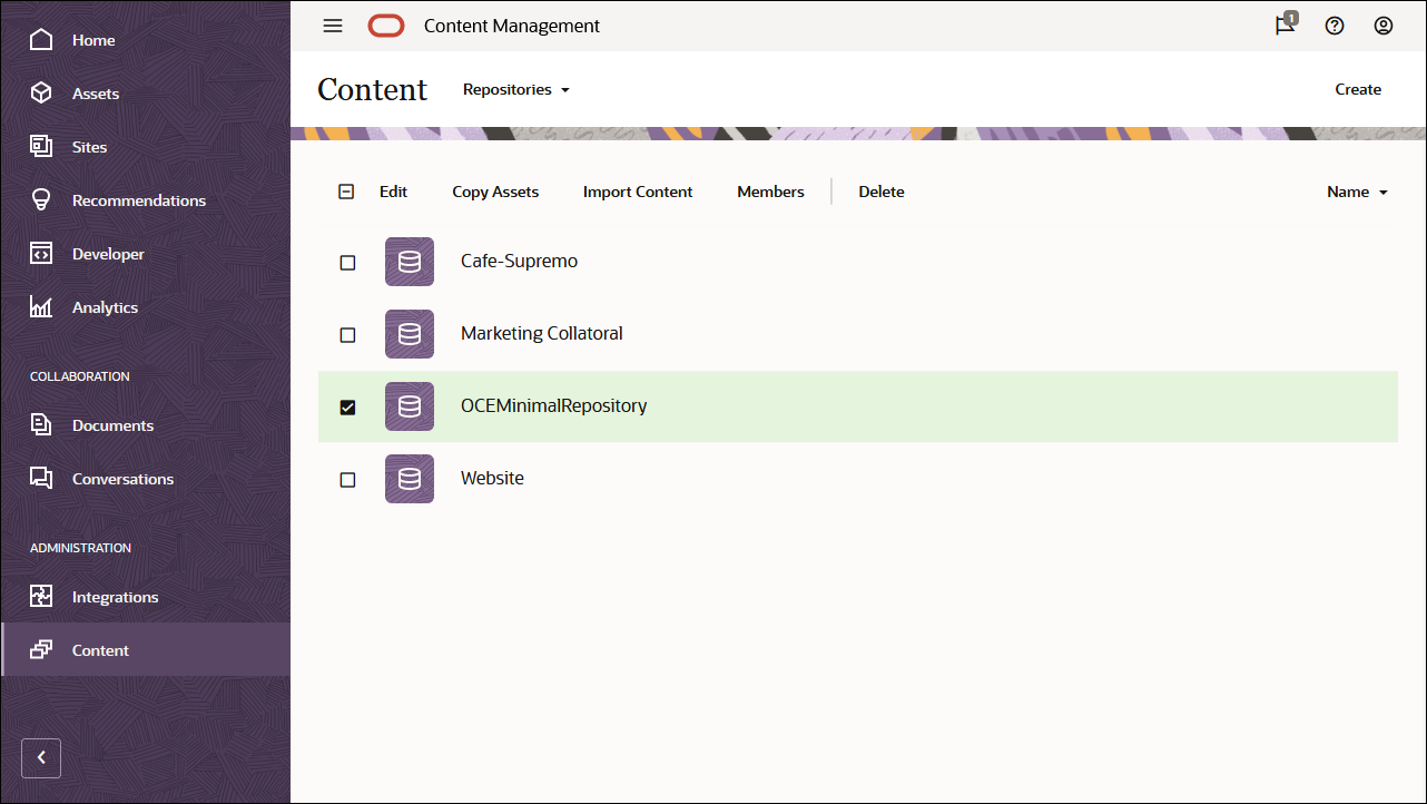 Cette image présente la page Référentiels, avec l'élément OCEMinimalRepository sélectionné.
