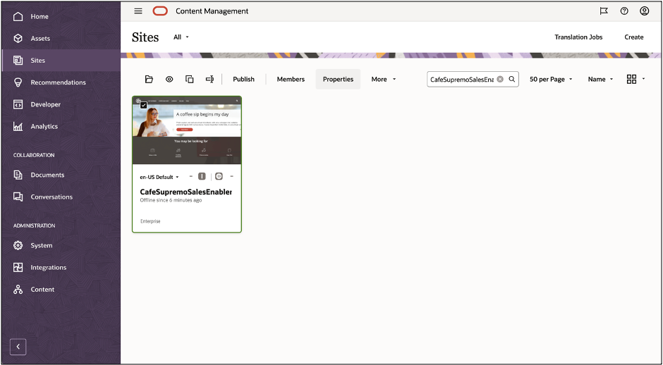 Cette image présente le bouton Propriétés de votre site.