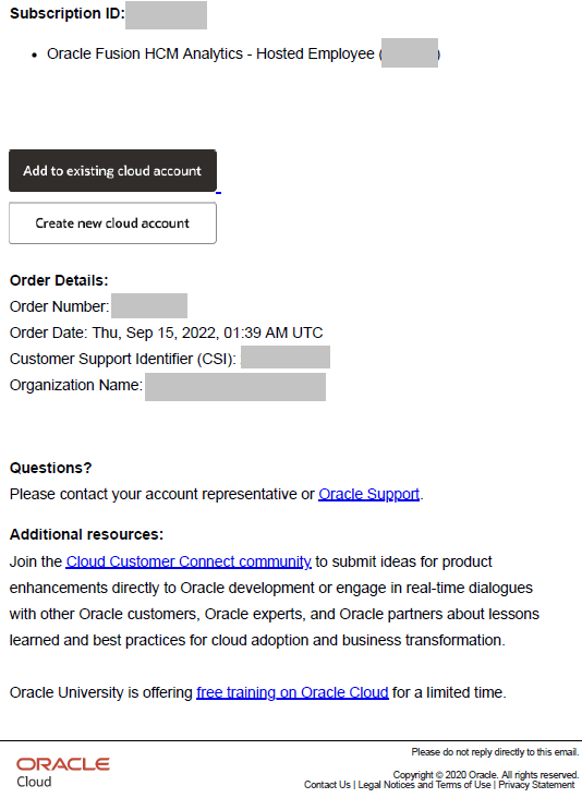 Ajouter à l'option de compte cloud existante dans le courriel d'abonnement Oracle Fusion Data Intelligence
