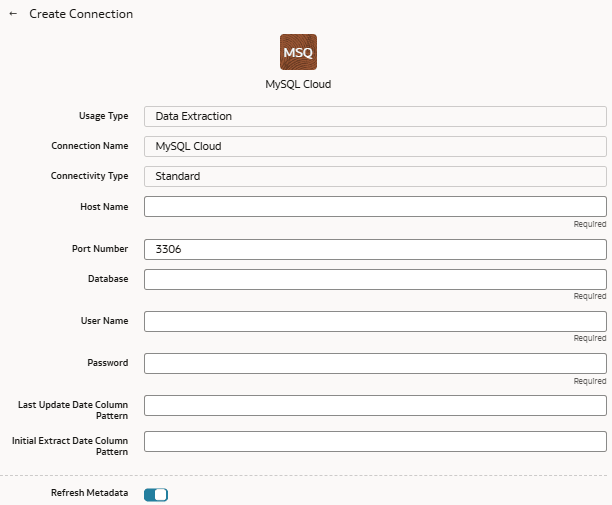 Boîte de dialogue Créer une connexion pour la base de données MySQL Cloud
