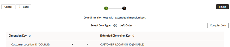 Etape 2 de l'assistant Etendre une dimension dans laquelle vous sélectionnez les clés de jointure Etape 2 de l'assistant Etendre une dimension dans laquelle vous sélectionnez les clés de jointure