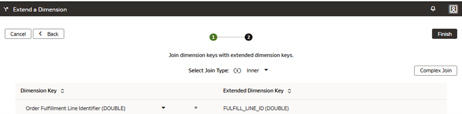 Etape 2 de l'assistant sur la page Etendre une dimension affichant le type de jointure et les clés à joindre Etape 2 de l'assistant sur la page Etendre une dimension affichant le type de jointure et les clés à joindre