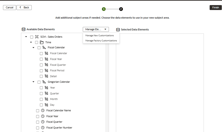 Etape 2 de l'assistant sur la page Modifier un domaine – SCM – Commandes client affichant la liste de valeurs Gérer les éléments Etape 2 de l'assistant sur la page Modifier un domaine – SCM – Commandes client affichant la liste de valeurs Gérer les éléments