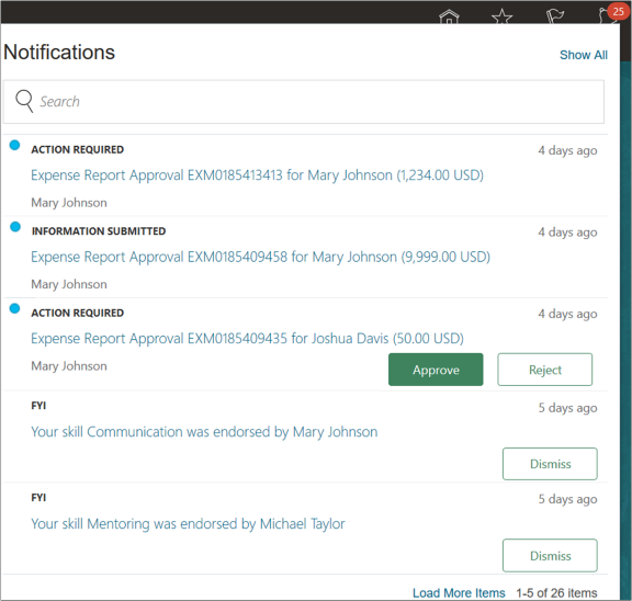 Liste des notifications de l'en-tête global ouverte à l'aide de l'icône Notifications