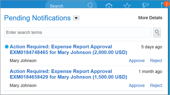 Liste des notifications de l'en-tête global ouverte en cliquant sur l'icône Notifications, dans l'interface utilisateur alternative qui s'affiche uniquement lorsque la disposition de la page d'accueil par défaut est Panneau ou Bannière